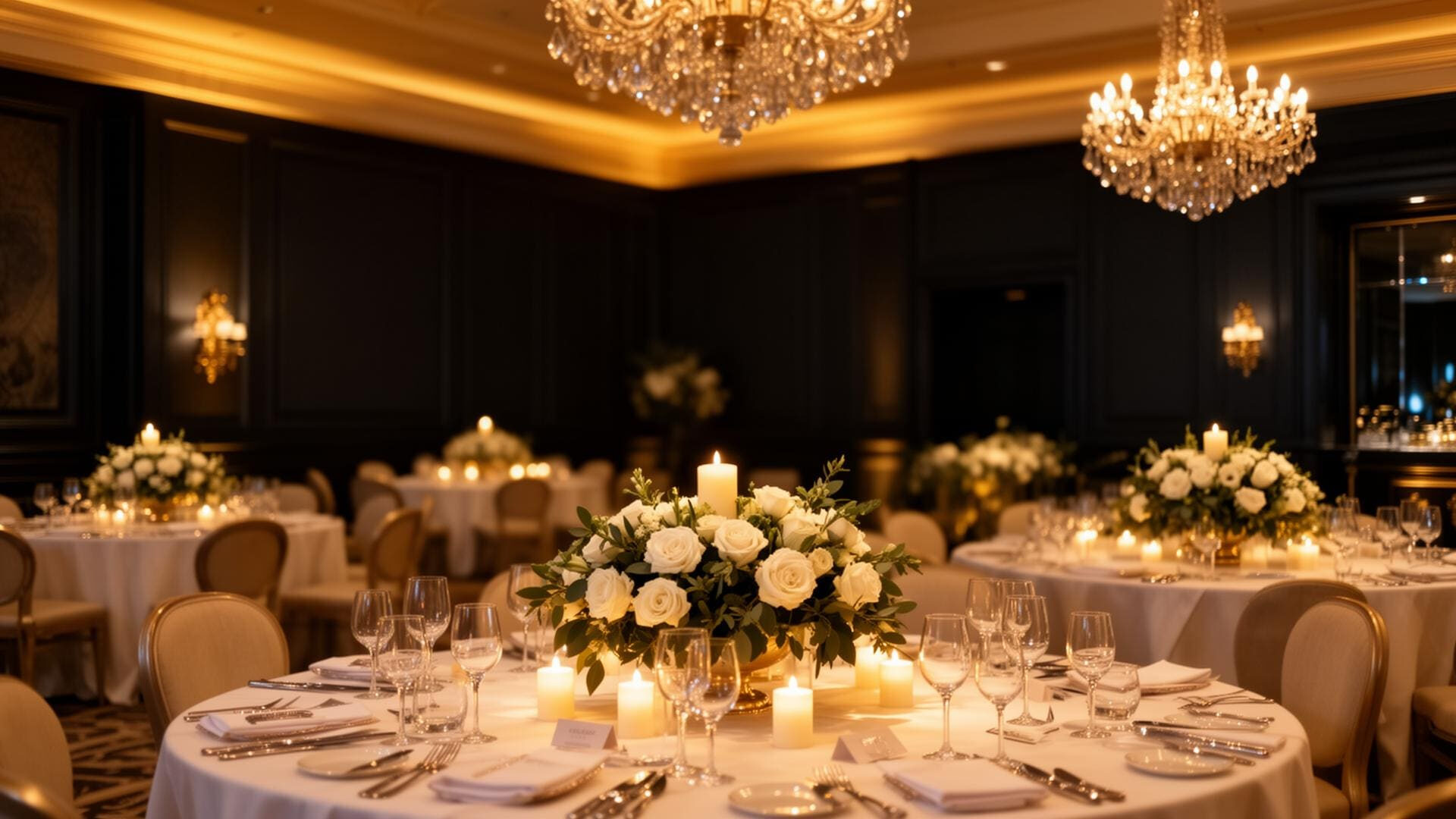 Memories Made in Motion corporate event production — blue-lit gala marquee with draped ceiling, fairy lights, crystal chandelier and set round tables